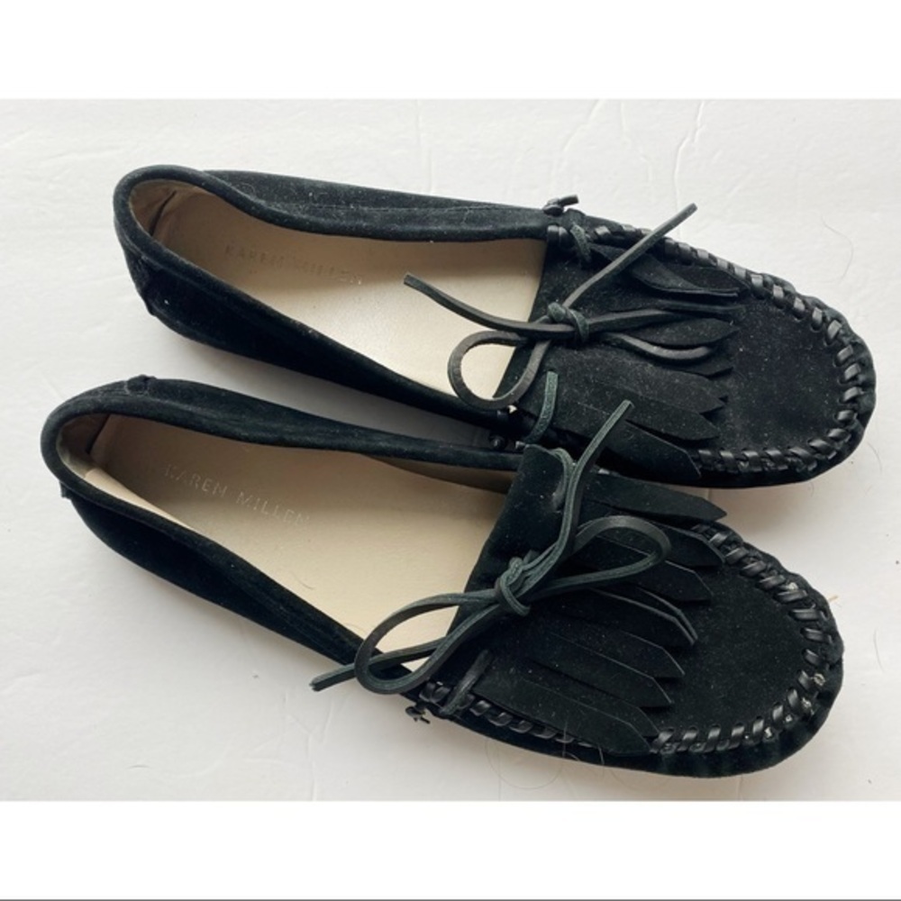 Karen Millen • Black Suede Fringe Moccasins